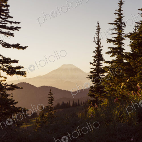 View of Mount Hood and the Cascade mountain range at dusk.