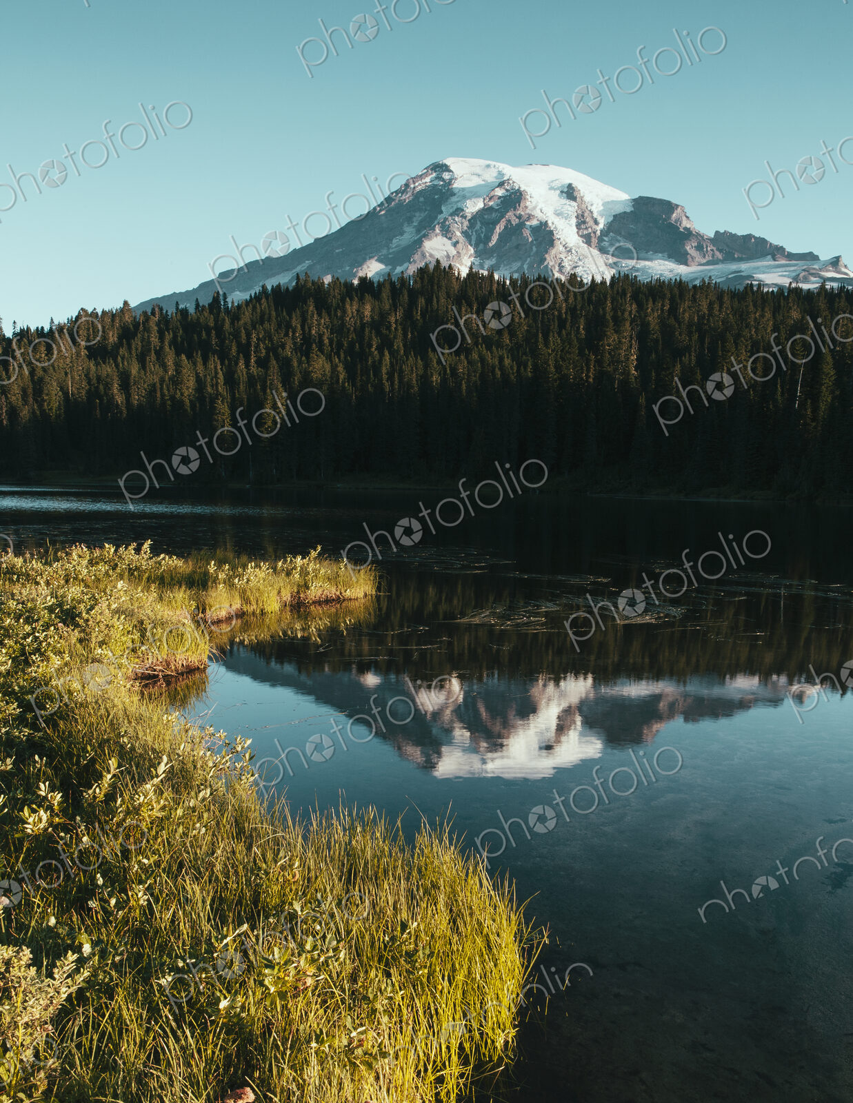 View of Mount Rainier from Reflection Lakes at dawn in Mount Rainier national park.