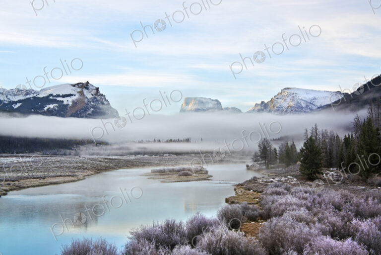 View of Squaretop Mountain, and the Wind River, at dawn, with low hanging mist over…