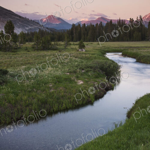 View of a river running through grassland in a valley in California.