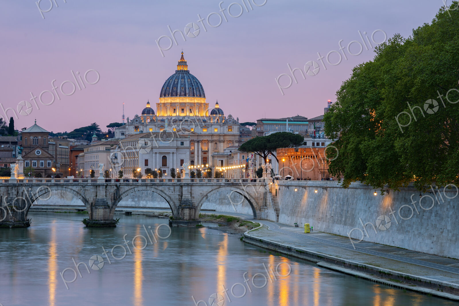 View of the Basilica of St Peter’s at Dusk Looking aross the Tiber Rive