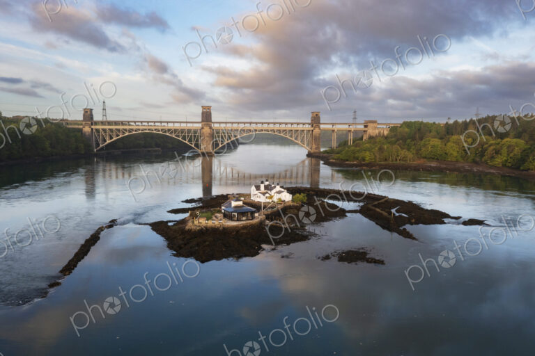 View of the Britannia Bridge and an Island in the Swellies