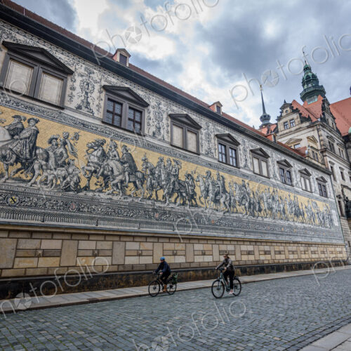 View of the Fuerstenzug, Procession of Princes mural on the outer wall of the Stables…