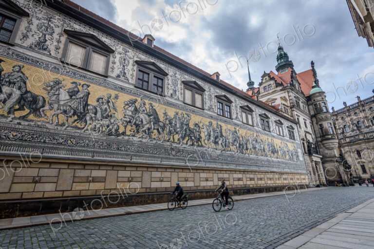 View of the Fuerstenzug, Procession of Princes mural on the outer wall of the Stables…