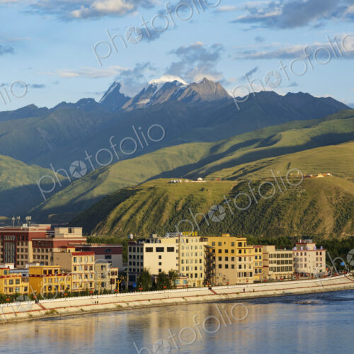 View of the Ganze River and Kawaluori Mountain at Sunset Ganze, Sichuan Province, Kham…