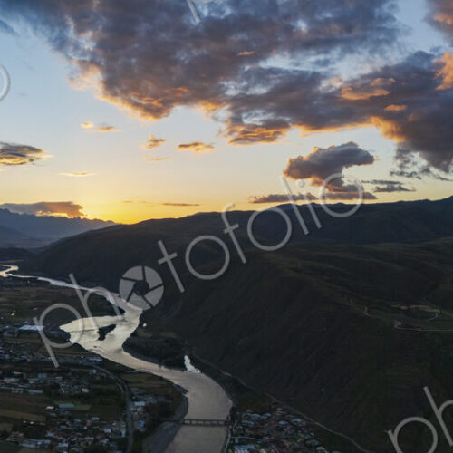 View of the Garze River and Mountains at Sunset Garze, Sichuan Province, Kham Tibet View of the Garze River and Mountains at Sunset Garze, Sichuan Province, Kham Tibet