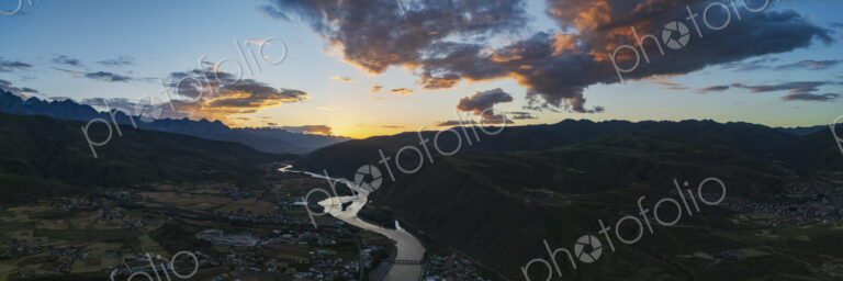 View of the Garze River and Mountains at Sunset Garze, Sichuan Province, Kham Tibet