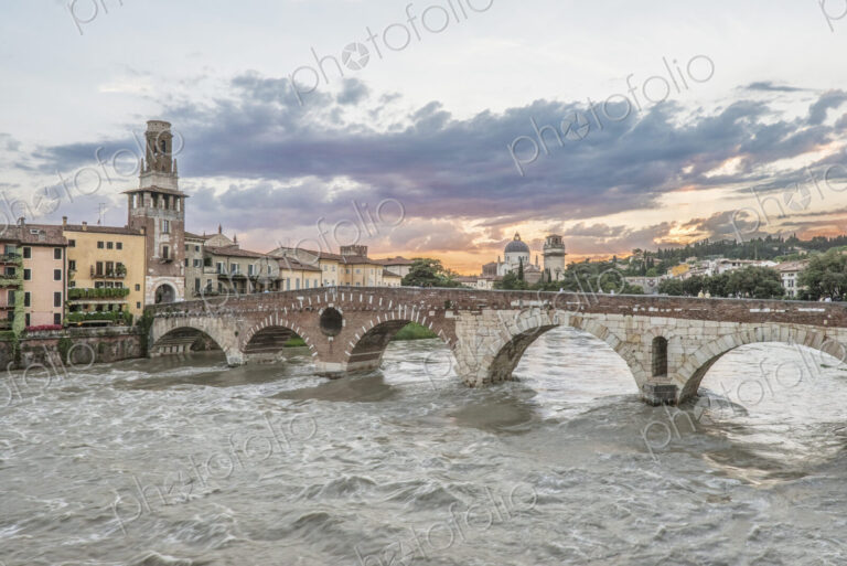 View of the Ponte Pietra over the Adige River in Verona, Italy.