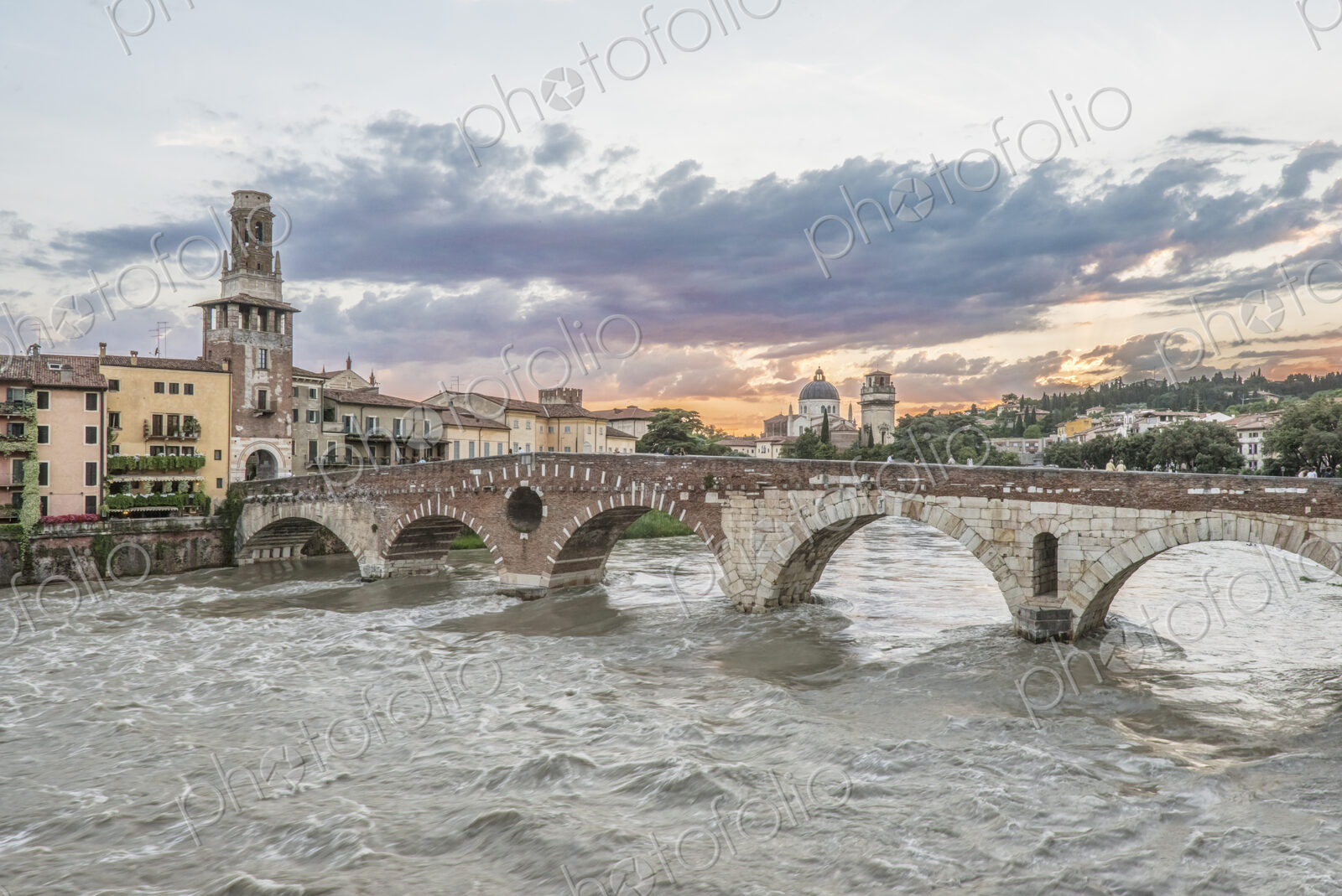 View of the Ponte Pietra over the Adige River in Verona, Italy.