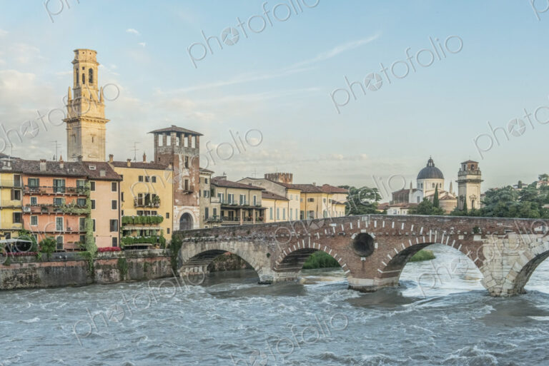 View of the Ponte Pietra over the Adige River in Verona, Italy.