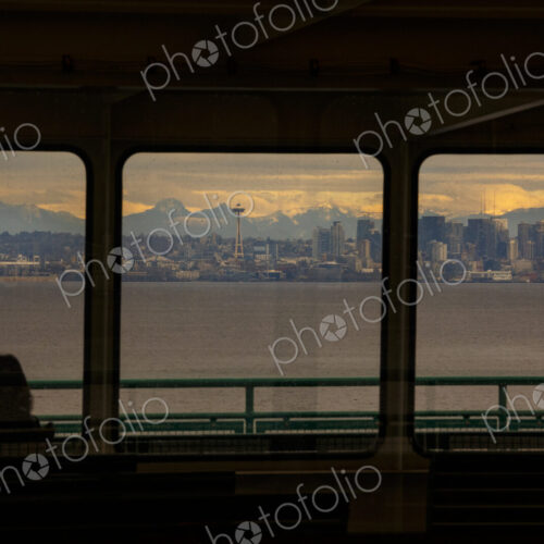View of the Seattle skyline from the Bainbridge Island ferry, WA USA