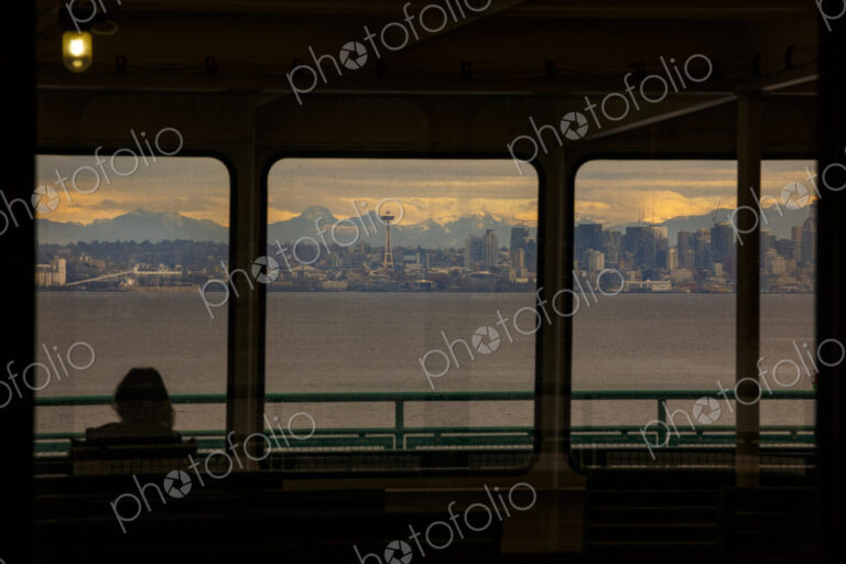 View of the Seattle skyline from the Bainbridge Island ferry, WA USA