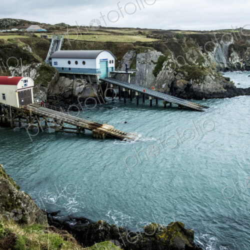 View of the new and old boat houses, St Davids Lifeboat Station in St. Justinian,…