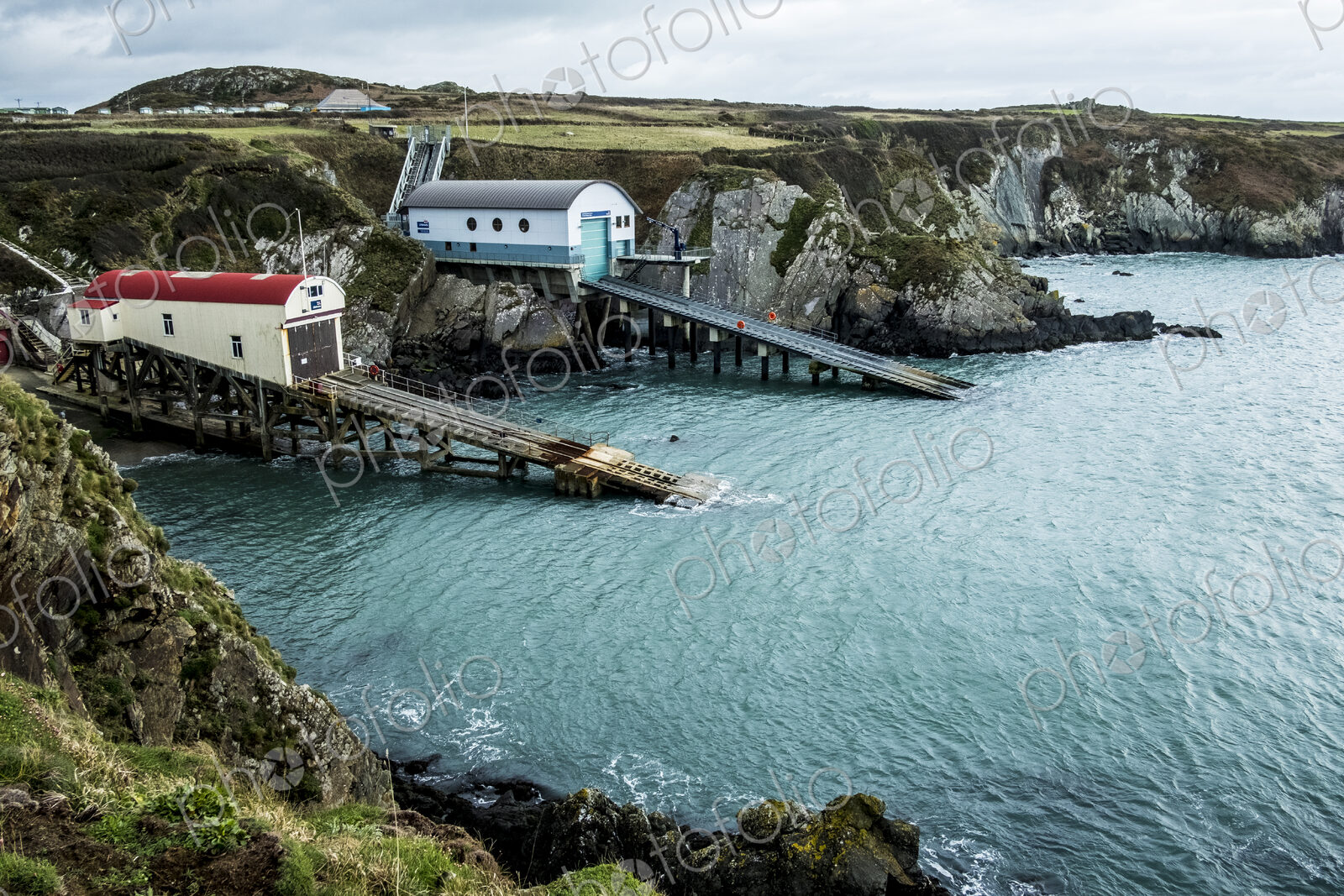 View of the new and old boat houses, St Davids Lifeboat Station in St. Justinian,…