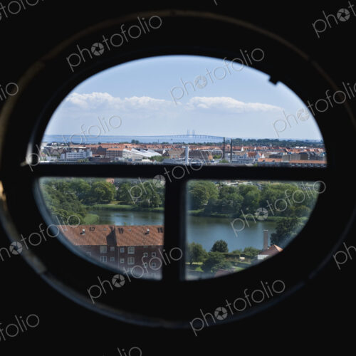 View of town through oval window