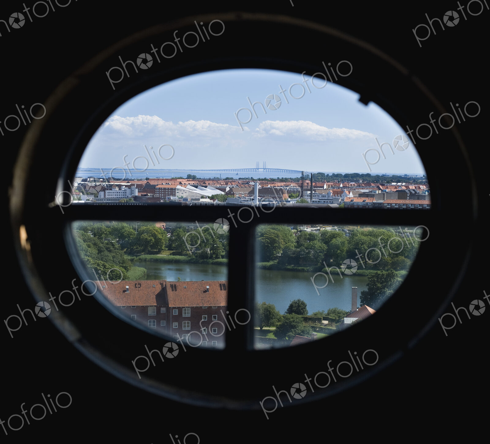 View of town through oval window