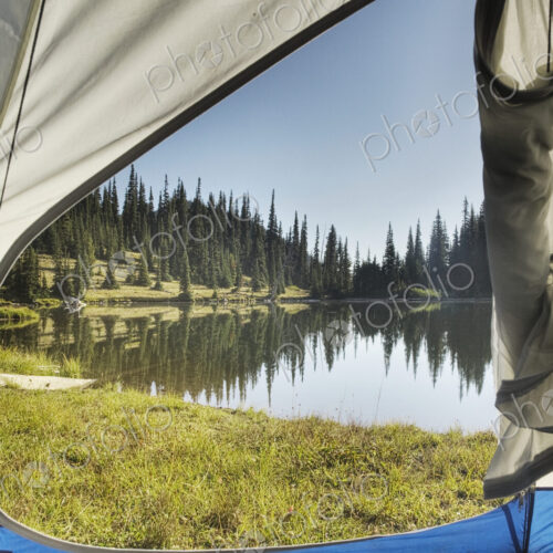 View of tranquil lake from tent View of tranquil lake from tent