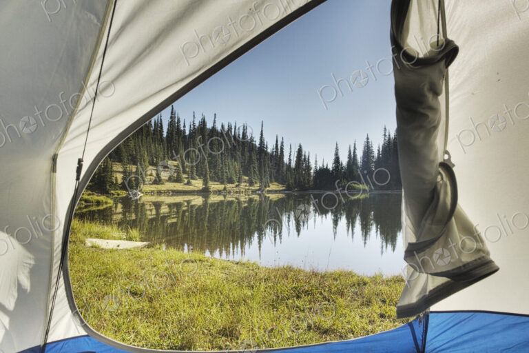 View of tranquil lake from tent