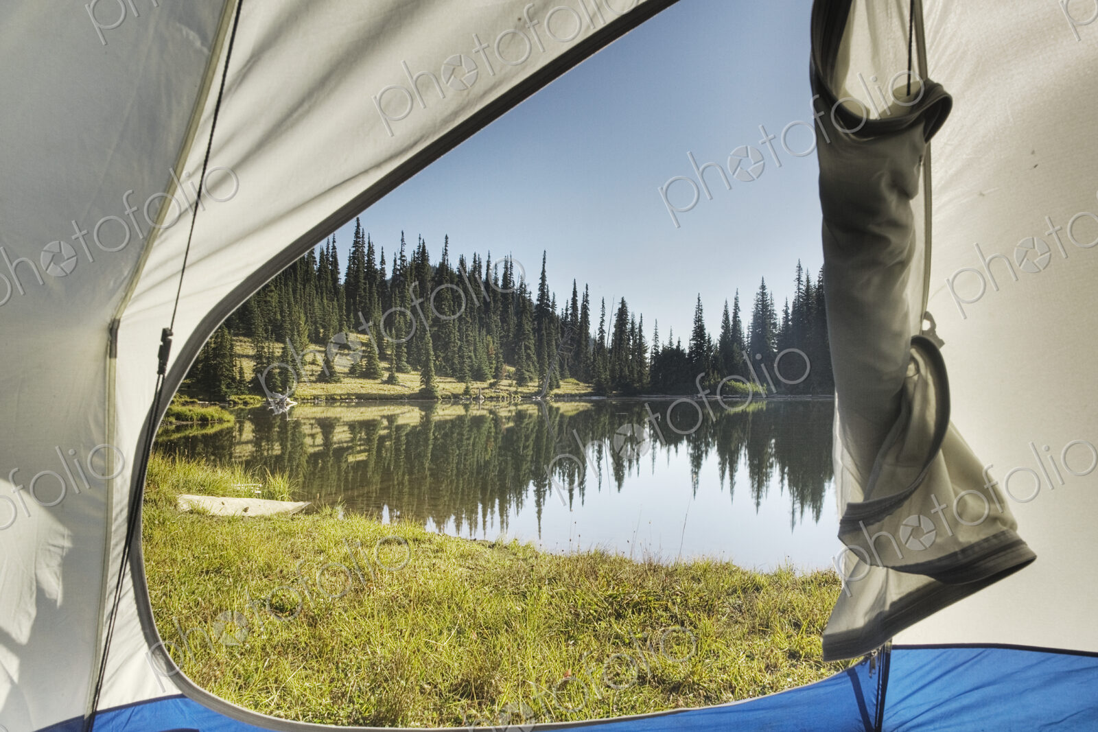 View of tranquil lake from tent