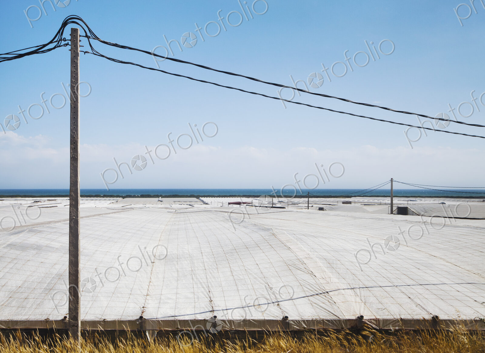 View over plastic greenhouses and crop cover, over a large area by the coast,…