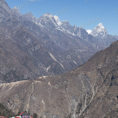 View over the Temboche monastery complex in the Khumbu region View over the Temboche monastery complex in the Khumbu region