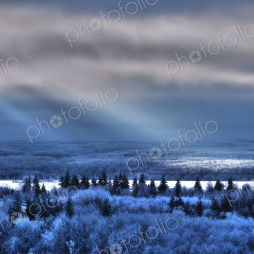 View over the landscape of pine forests, and snowfields and shafts of sunlight… View over the landscape of pine forests, and snowfields and shafts of sunlight…