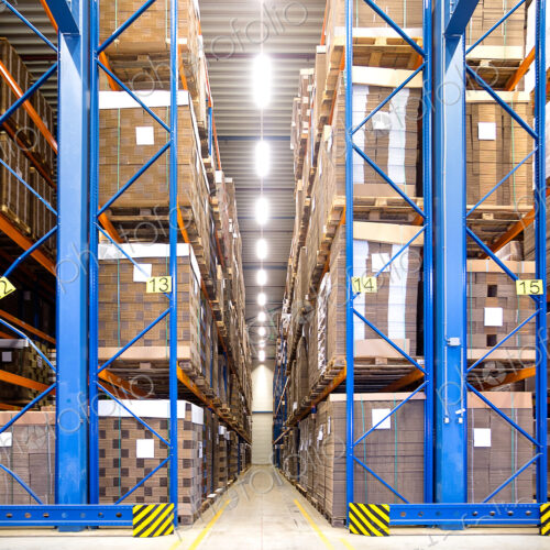 Warehouse storage, racks of cardboard boxes