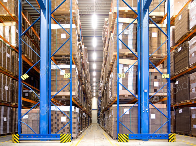 Warehouse storage, racks of cardboard boxes