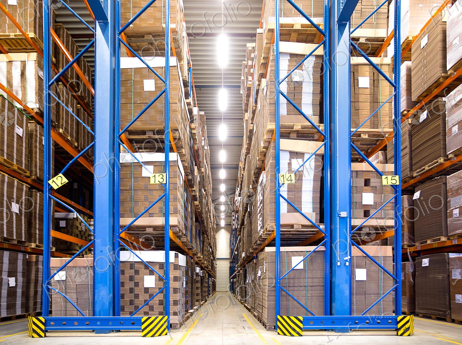 Warehouse storage, racks of cardboard boxes