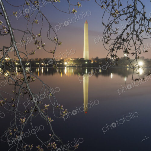 Washington Monument at dawn reflected in the lake.