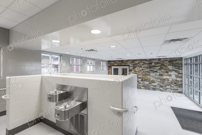 Water fountains in lobby of animal shelter