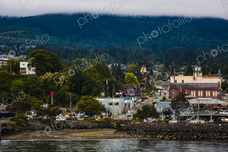 Waterfront, Port Angeles town, elevated view of the main street and historic buildings.