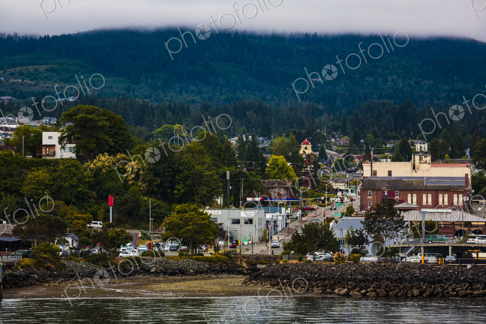 Waterfront, Port Angeles town, elevated view of the main street and historic buildings.