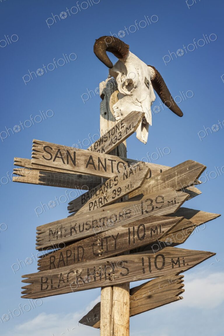Weathered wooden direction sign topped with a cow skull and horns lists distances to…