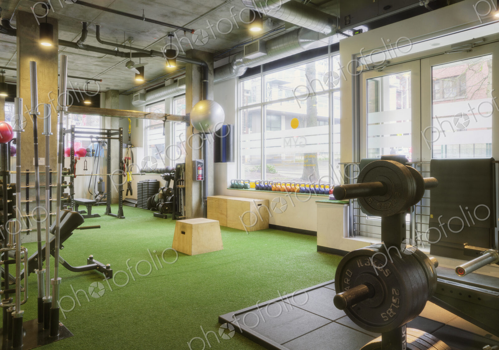 Weights room in an empty gym.