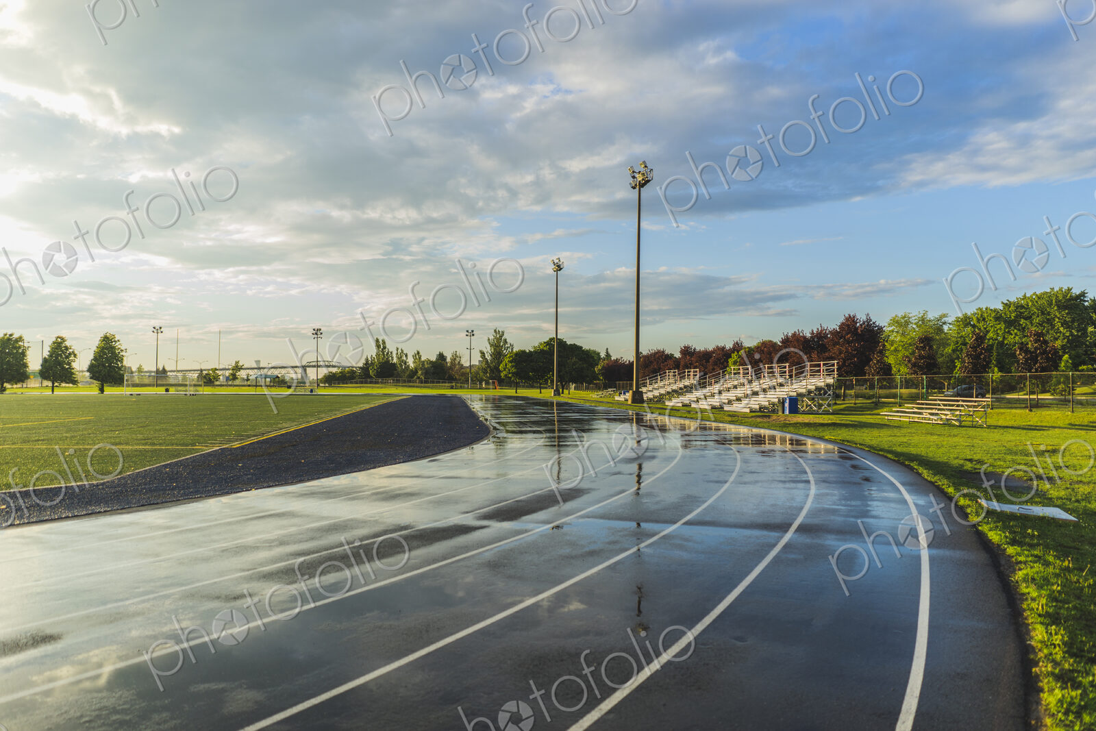 Wet bleachers and running track