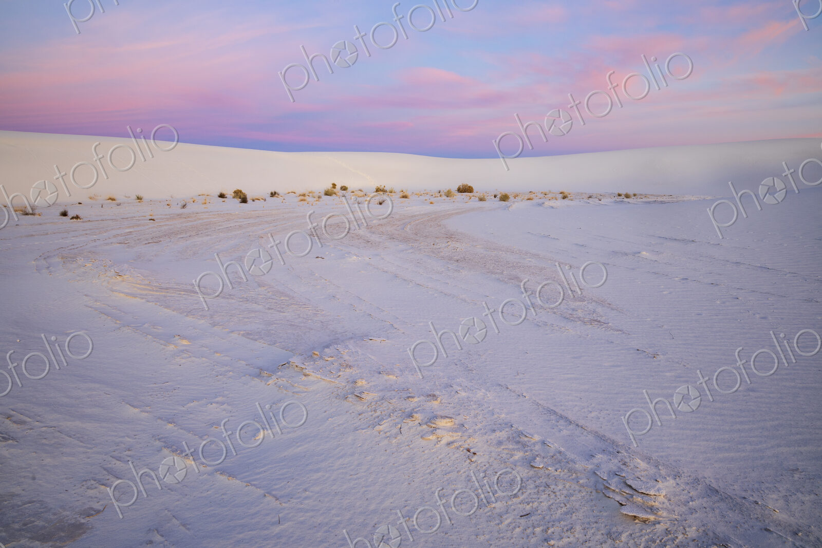 White Sands National Park, Alamogordo, tracks on the sand surface, and reflections of…