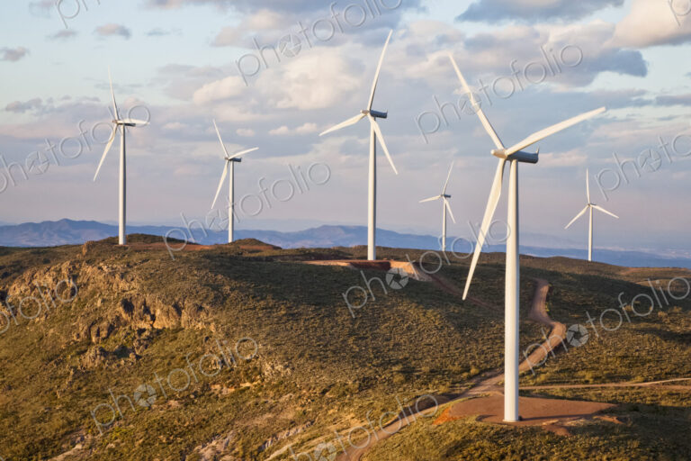 Wind turbine power generators above the town of Turrillas in Almeria province