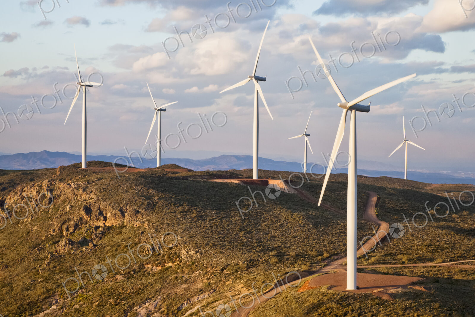 Wind turbine power generators above the town of Turrillas in Almeria province