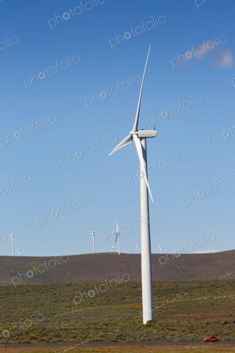 Wind turbines on the rolling hills of Kittikas county in Washington state, tall white…