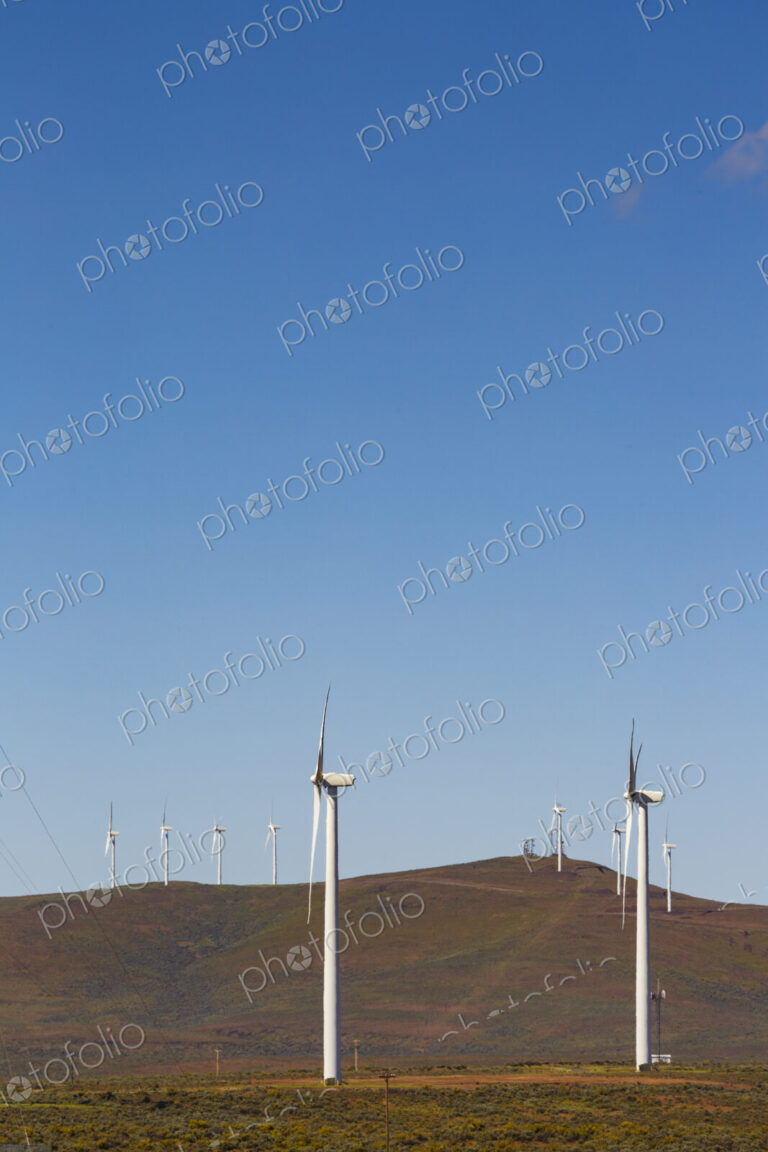 Wind turbines on the rolling hills of Kittikas county in Washington state, tall white…