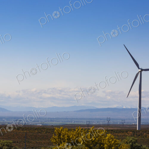 Wind turbines on the rolling hills of Kittikas county in Washington state, tall white…