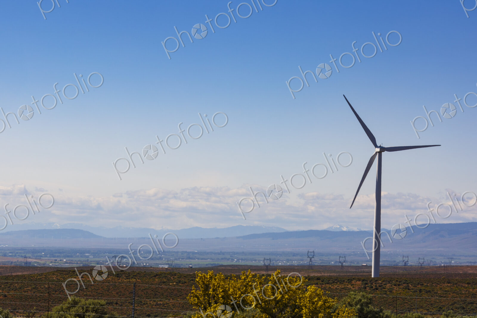 Wind turbines on the rolling hills of Kittikas county in Washington state, tall white…