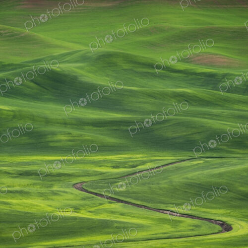 Winding irrigation ditch through rolling hills in rural landscape