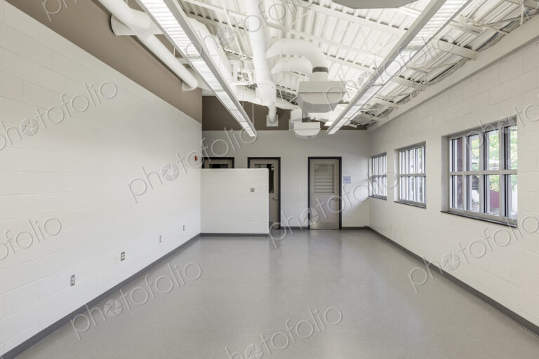 Windows along empty room in animal shelter