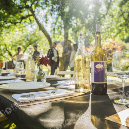 Wine bottles on table at party outdoors Wine bottles on table at party outdoors