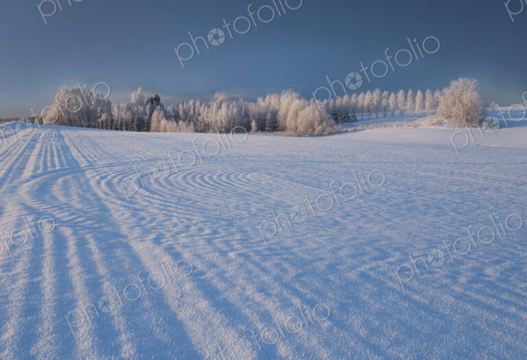 Winter landscape, pattern of ridges on a snow-covered field made by farm machinery…
