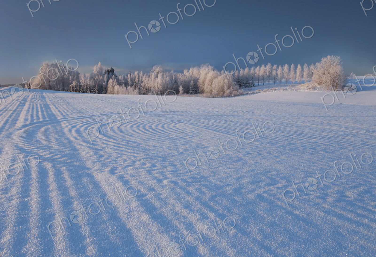 Winter landscape, pattern of ridges on a snow-covered field made by farm machinery…