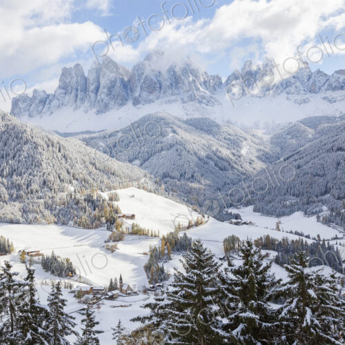 Winter landscape with valley, forest and snow-capped mountains. Winter landscape with valley, forest and snow-capped mountains.
