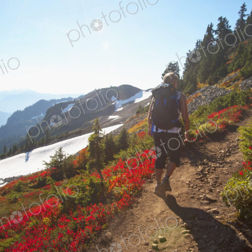 Woman hiking on rocky trail on remote hillside